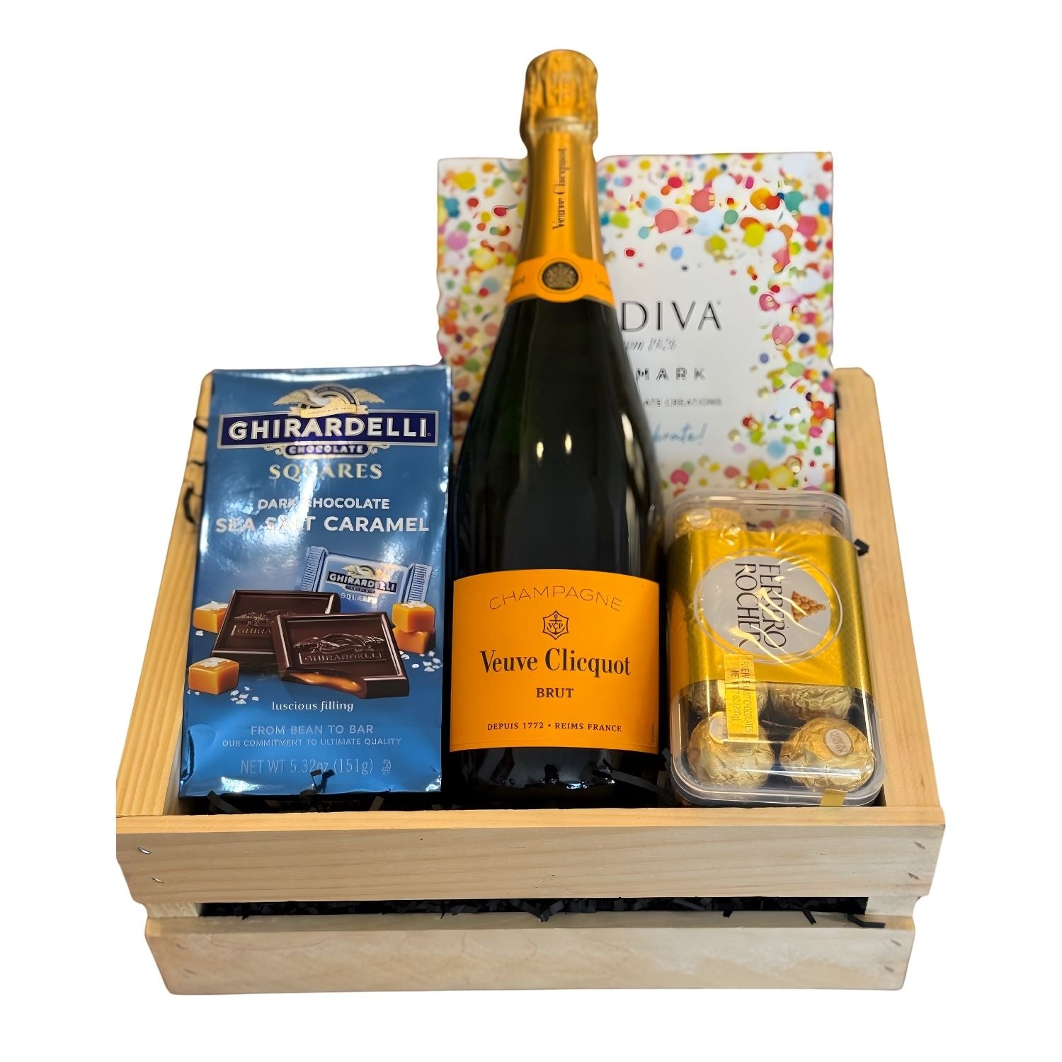 Veuve Clicquot Yellow Label Brut Champagne gift crate with Ghirardelli Sea Salt Caramel Squares, Godiva Let&