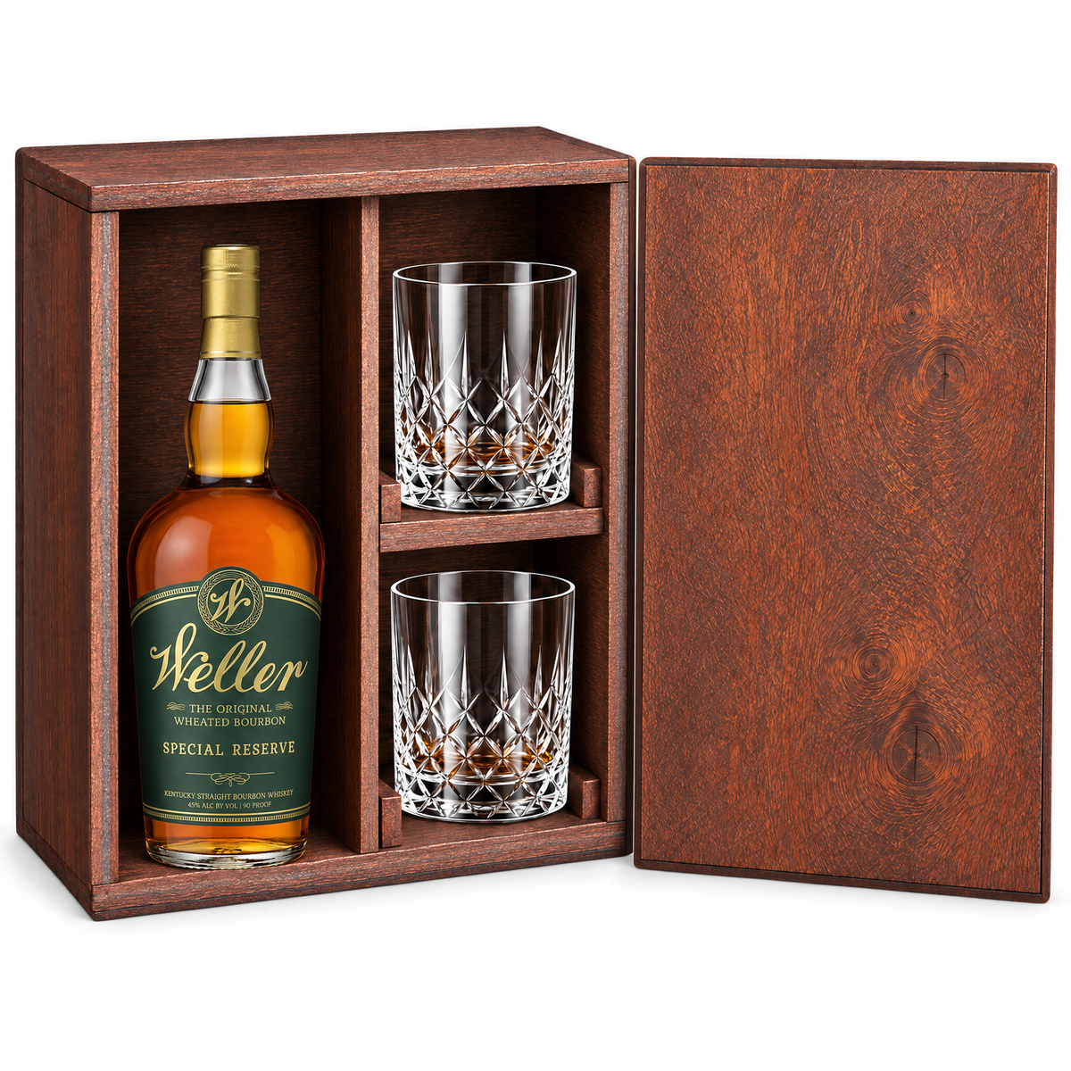 W.L. Weller Special Reserve Gift Set with Wooden Box & 2 Crystal Glasses wooden gift set hero