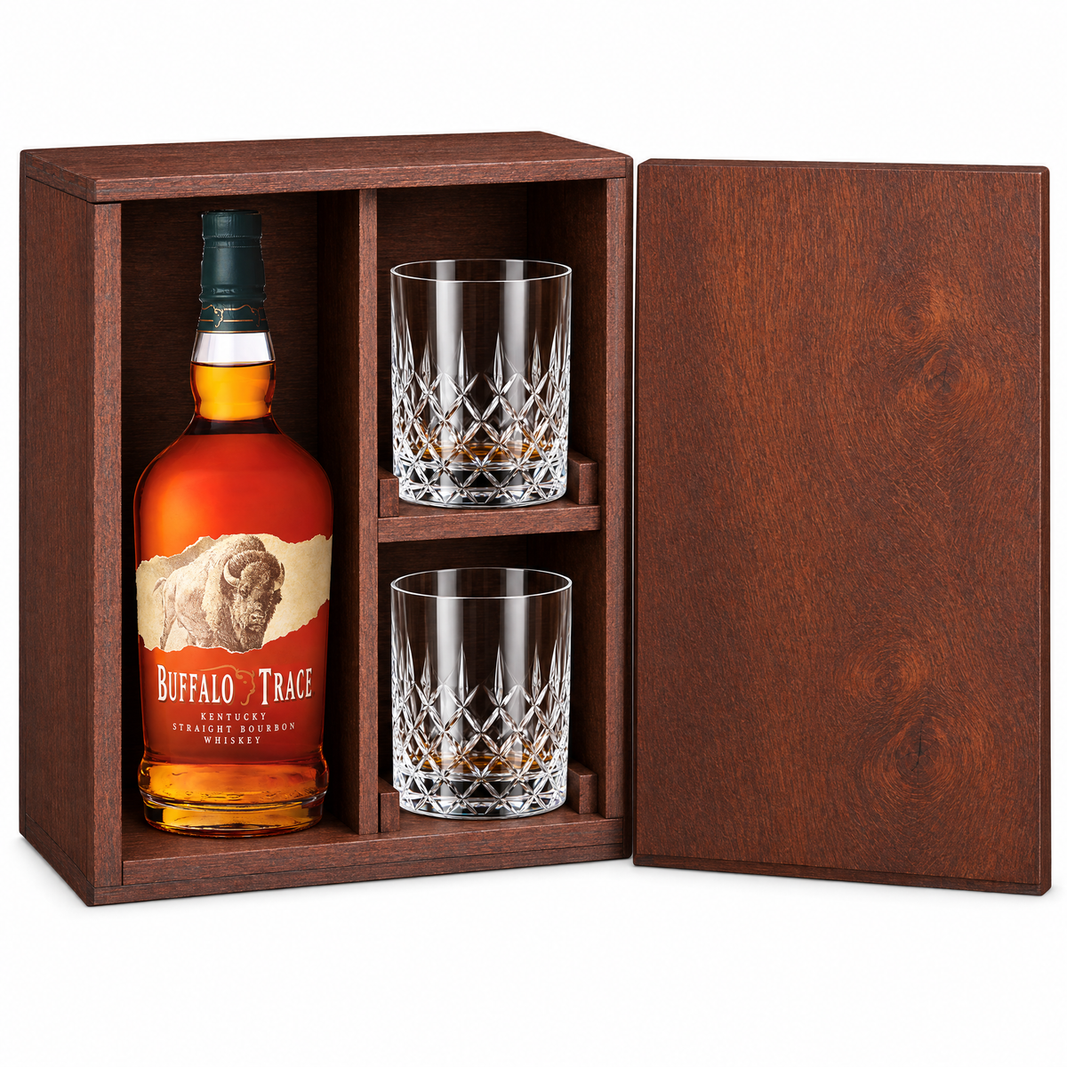 Buffalo Trace Bourbon 750ml in a mahogany wooden gift box with two crystal rocks glasses
