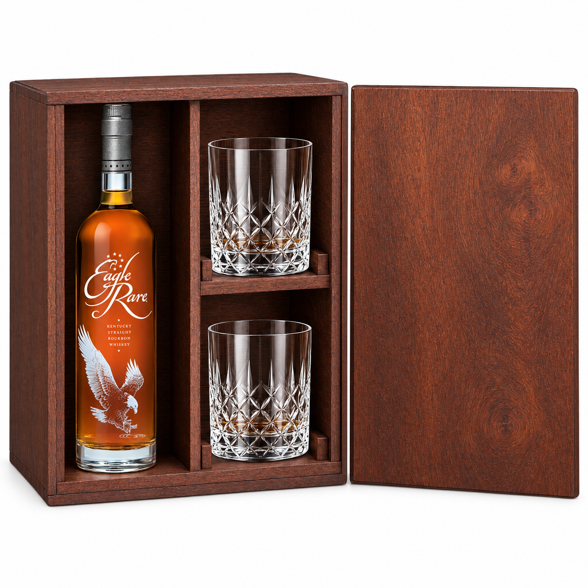 Eagle Rare 10 Year 750ml in a mahogany wooden gift box with two crystal rocks glasses