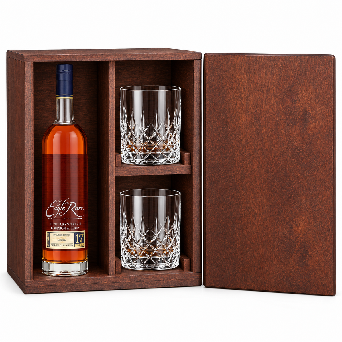 Eagle Rare 17 Year 750ml in a mahogany wooden gift box with two crystal rocks glasses
