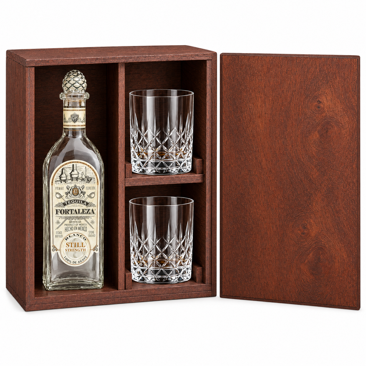 Fortaleza Still Strength Blanco Tequila 750ml in a mahogany wooden gift box with two crystal rocks glasses