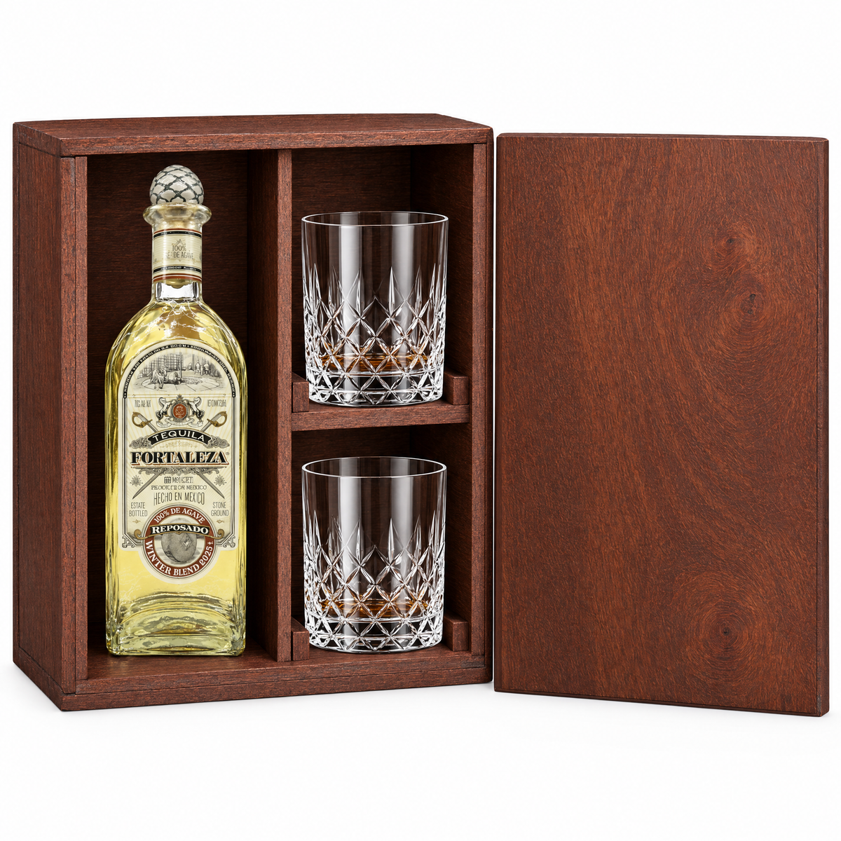 Fortaleza Winter Blend Reposado Tequila 2025 Premium 750ml in a mahogany wooden gift box with two crystal rocks glasses