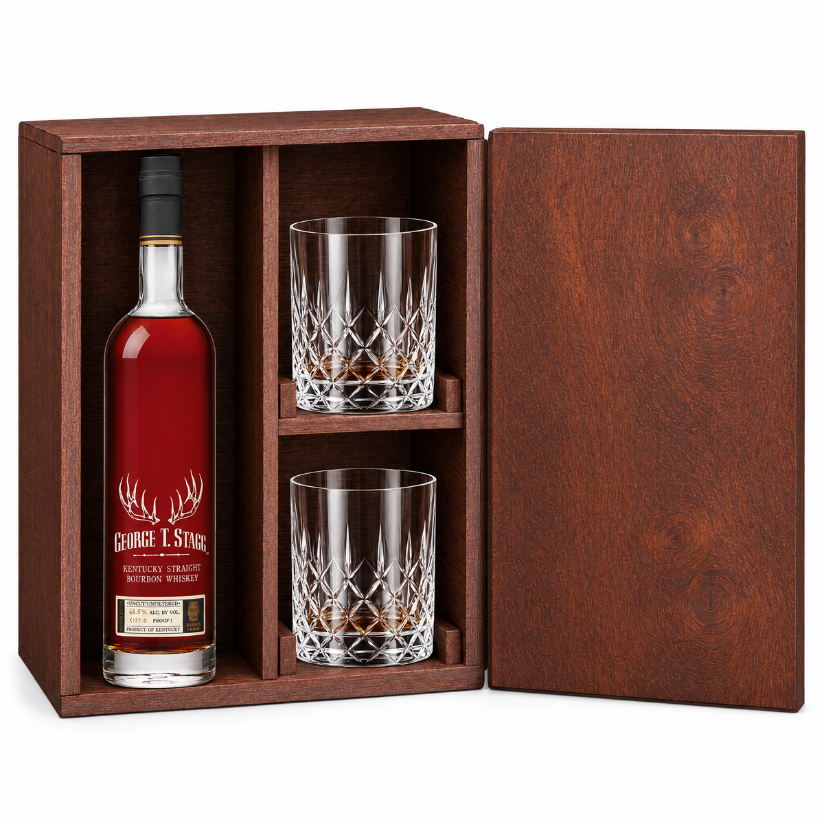 George T. Stagg 2025 750ml in a mahogany wooden gift box with two crystal rocks glasses