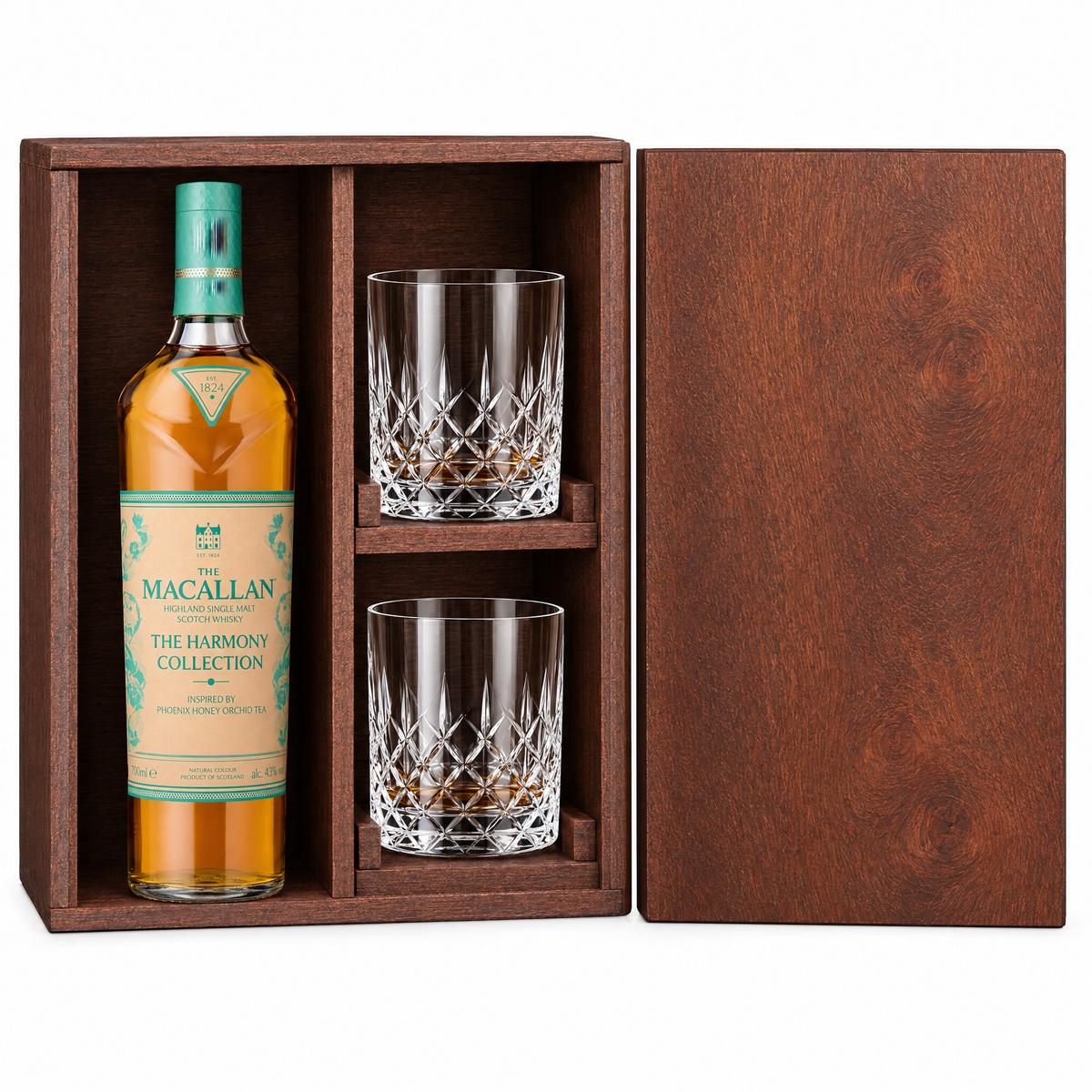 The Macallan Harmony Collection Phoenix Honey Orchid Tea 750ml in a mahogany wooden gift box with two crystal rocks glasses