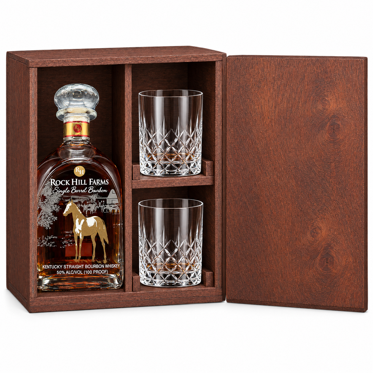 Rock Hill Farms Single Barrel 750ml in a mahogany wooden gift box with two crystal rocks glasses