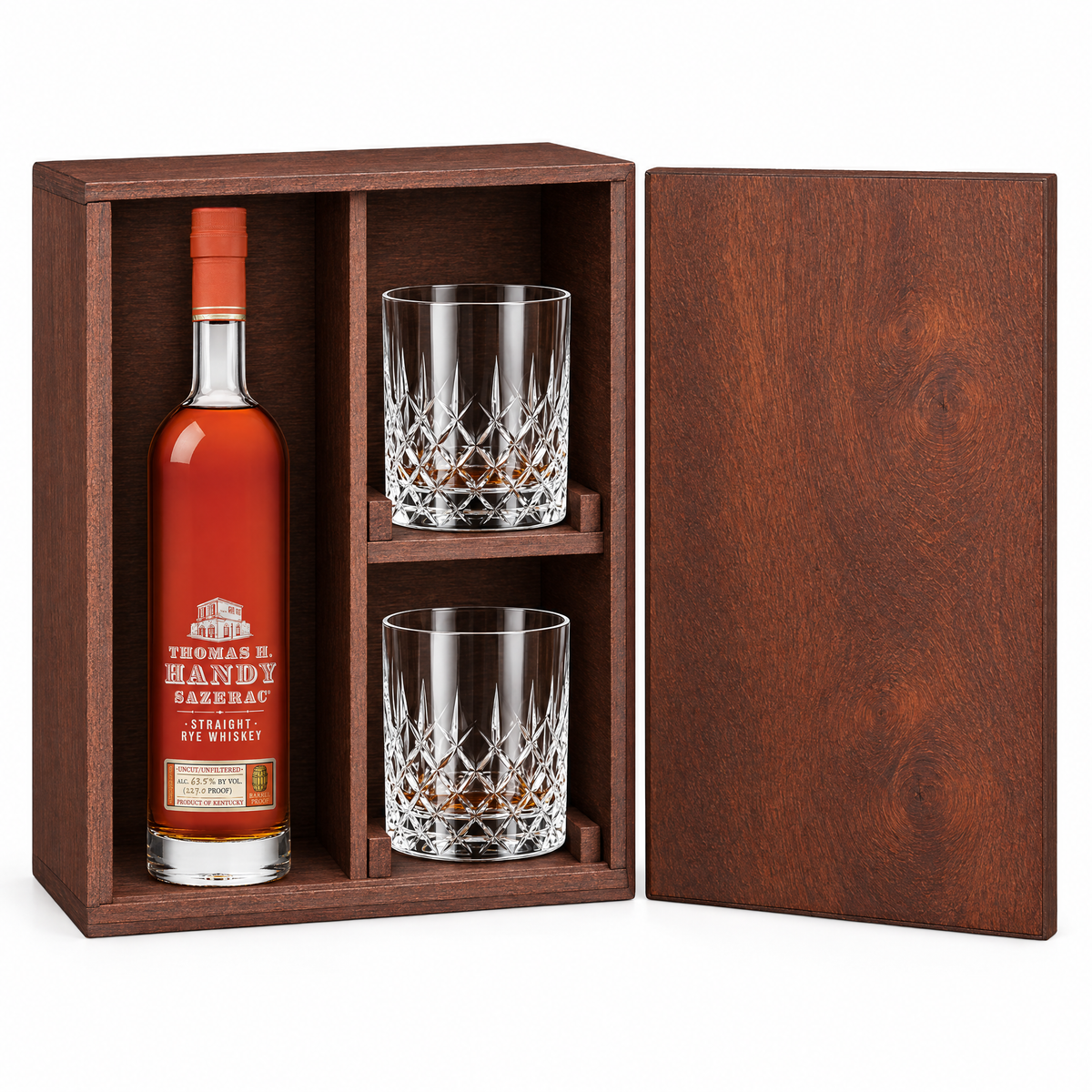 Thomas H. Handy 750ml in a mahogany wooden gift box with two crystal rocks glasses