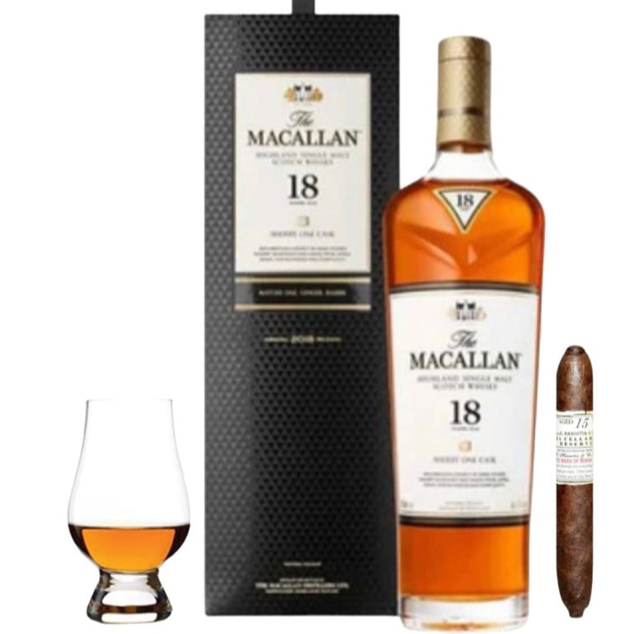 The Macallan 18 Year Single Malt Scotch Whisky Gift Set with Cigar and Glass 750ml