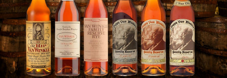 Pappy Van Winkle bourbon lineup featuring Old Rip, Lot B, Family Reserve 15, 20, and 23 Year bottles
