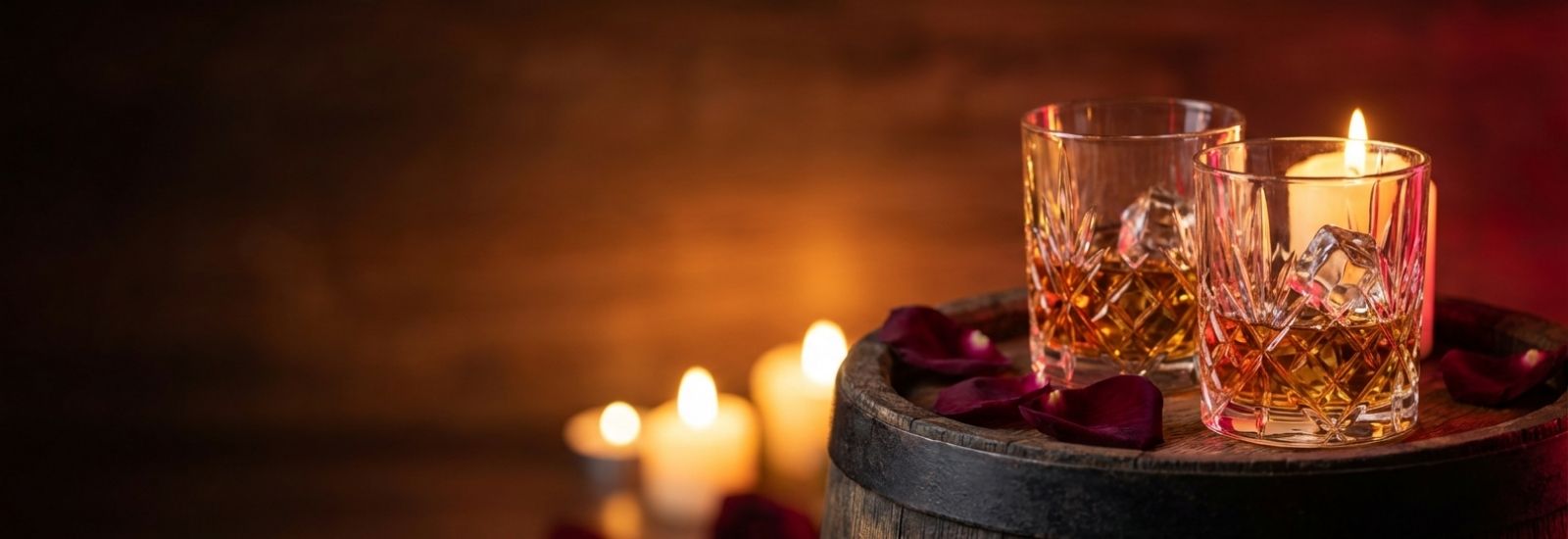 Two bourbon glasses on a wooden barrel with warm amber lighting, rose petals, and romantic candlelight bokeh — Total Bourbon gift collection header