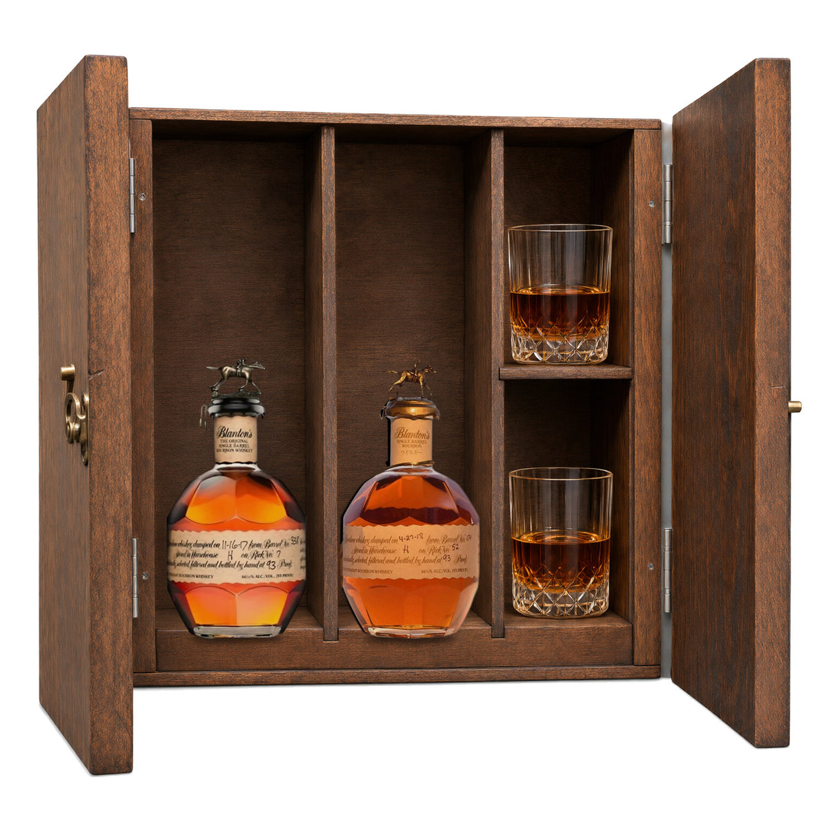 Blanton's Original Single Barrel & Blanton's Takara Red Edition in a wooden gift box with two crystal glasses on white