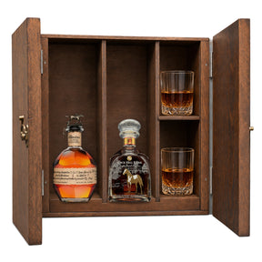 Blanton's Original Single Barrel & Rock Hill Farms Single Barrel in a wooden gift box with two crystal glasses on white