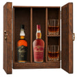 Weller 12 Year & W.L. Weller Antique 107 in a wooden gift box with two crystal glasses on white
