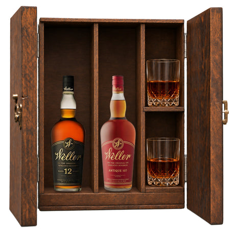 Weller 12 Year & W.L. Weller Antique 107 in a wooden gift box with two crystal glasses on white