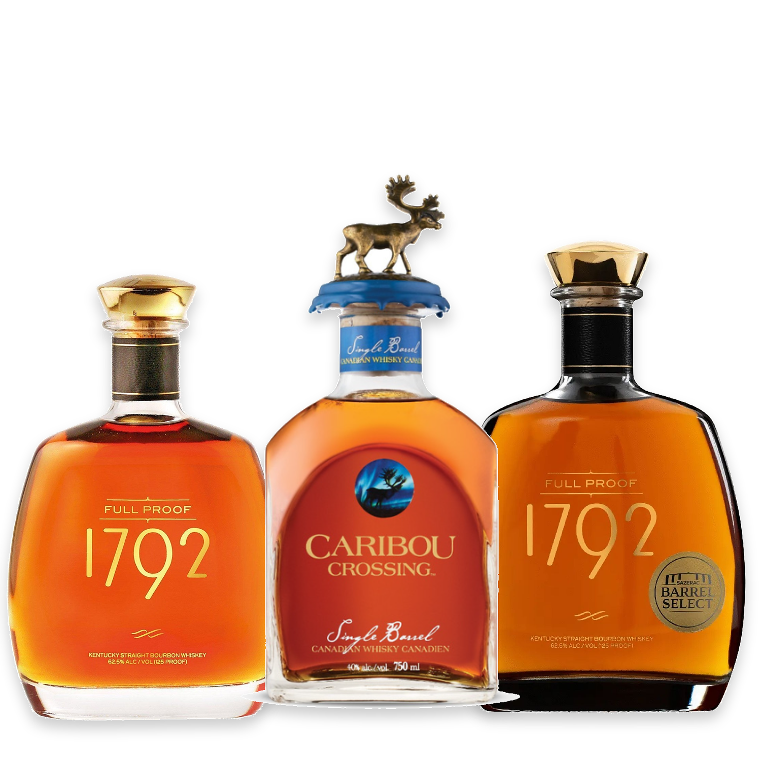 Three bottles of 1792 and Caribou Crossing whiskey on a white background