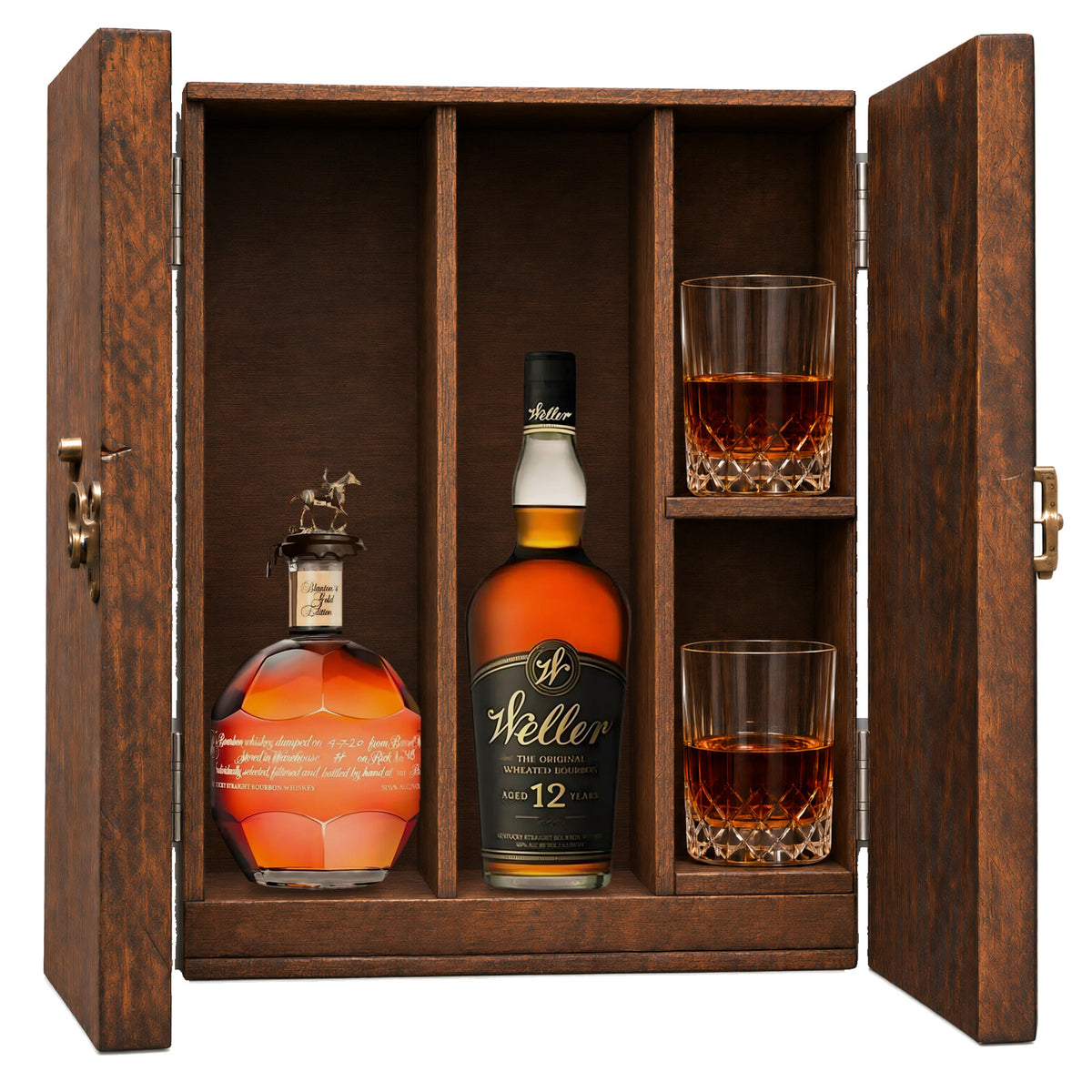 Blanton's Gold Edition & Weller 12 Year in a wooden gift box with two crystal glasses on white