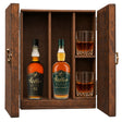 Weller 12 Year & W.L. Weller Special Reserve in a wooden gift box with two crystal glasses on white