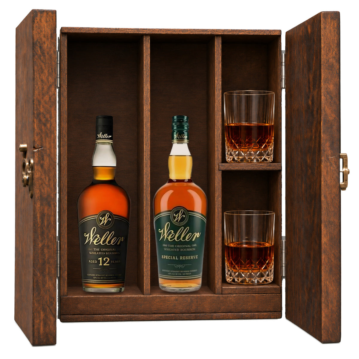 Weller 12 Year & W.L. Weller Special Reserve in a wooden gift box with two crystal glasses on white