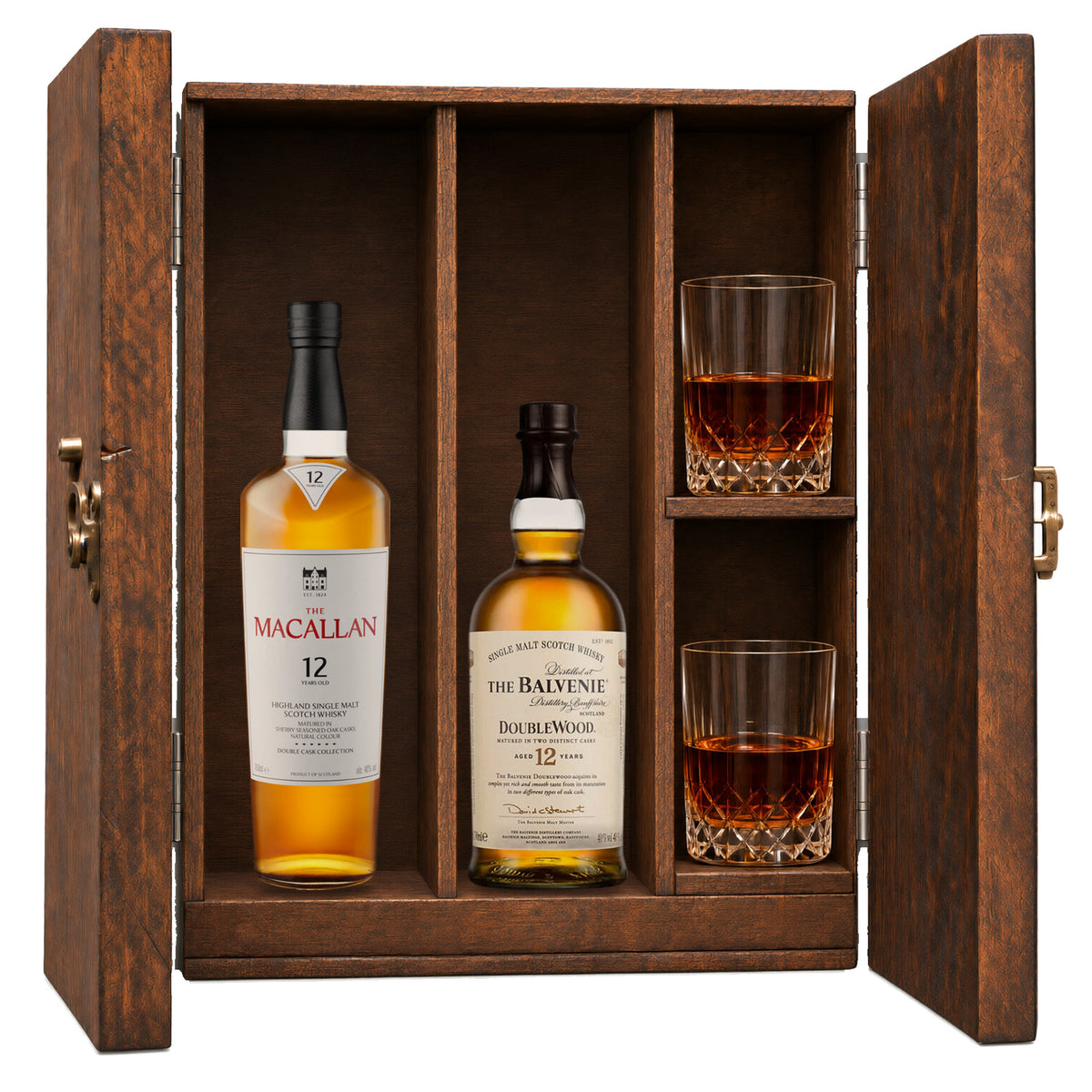 The Macallan 12 Year Double Cask & The Balvenie 12 Year DoubleWood wooden gift box with 2 glasses