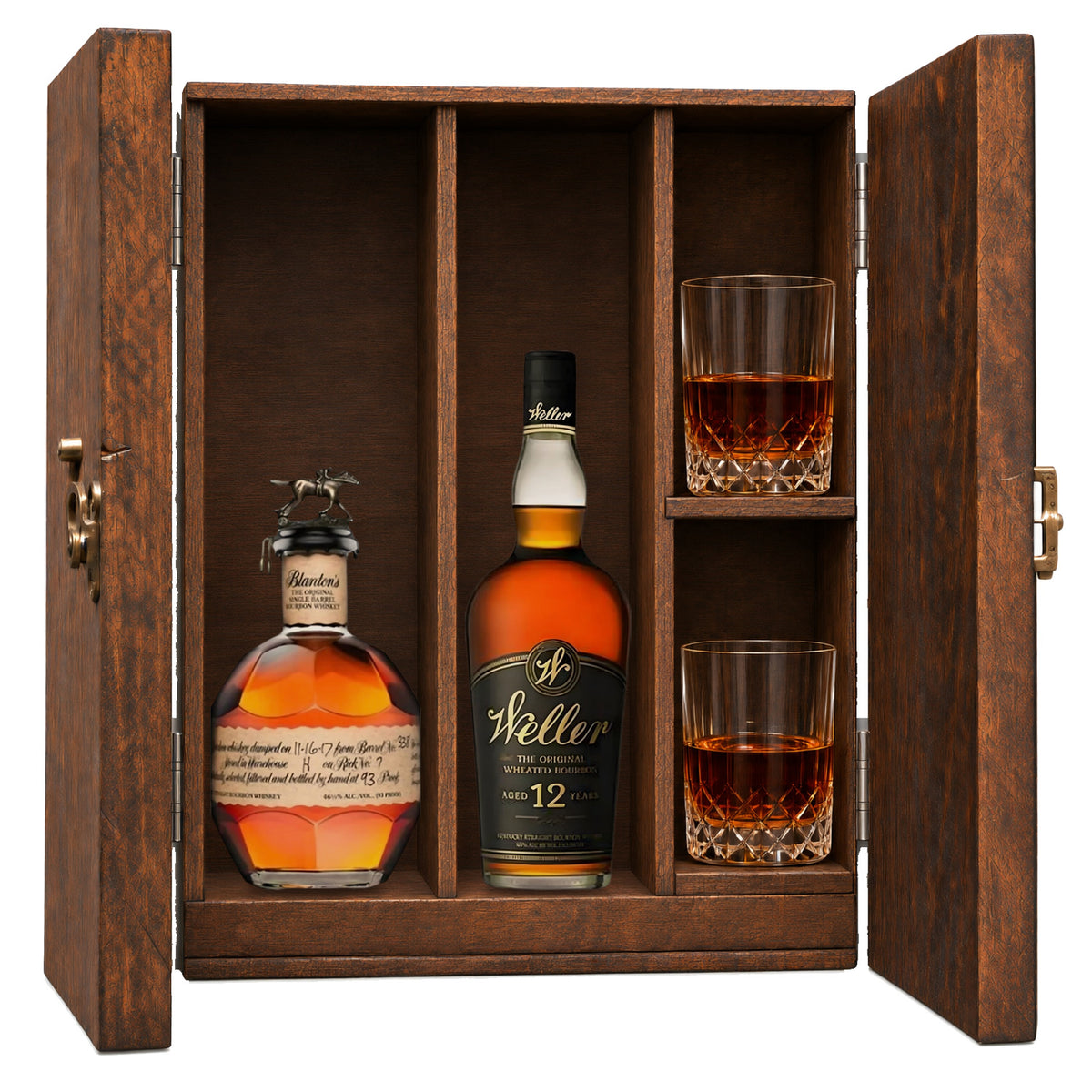 Blanton's Original Single Barrel & Weller 12 Year in a wooden gift box with two crystal glasses on white