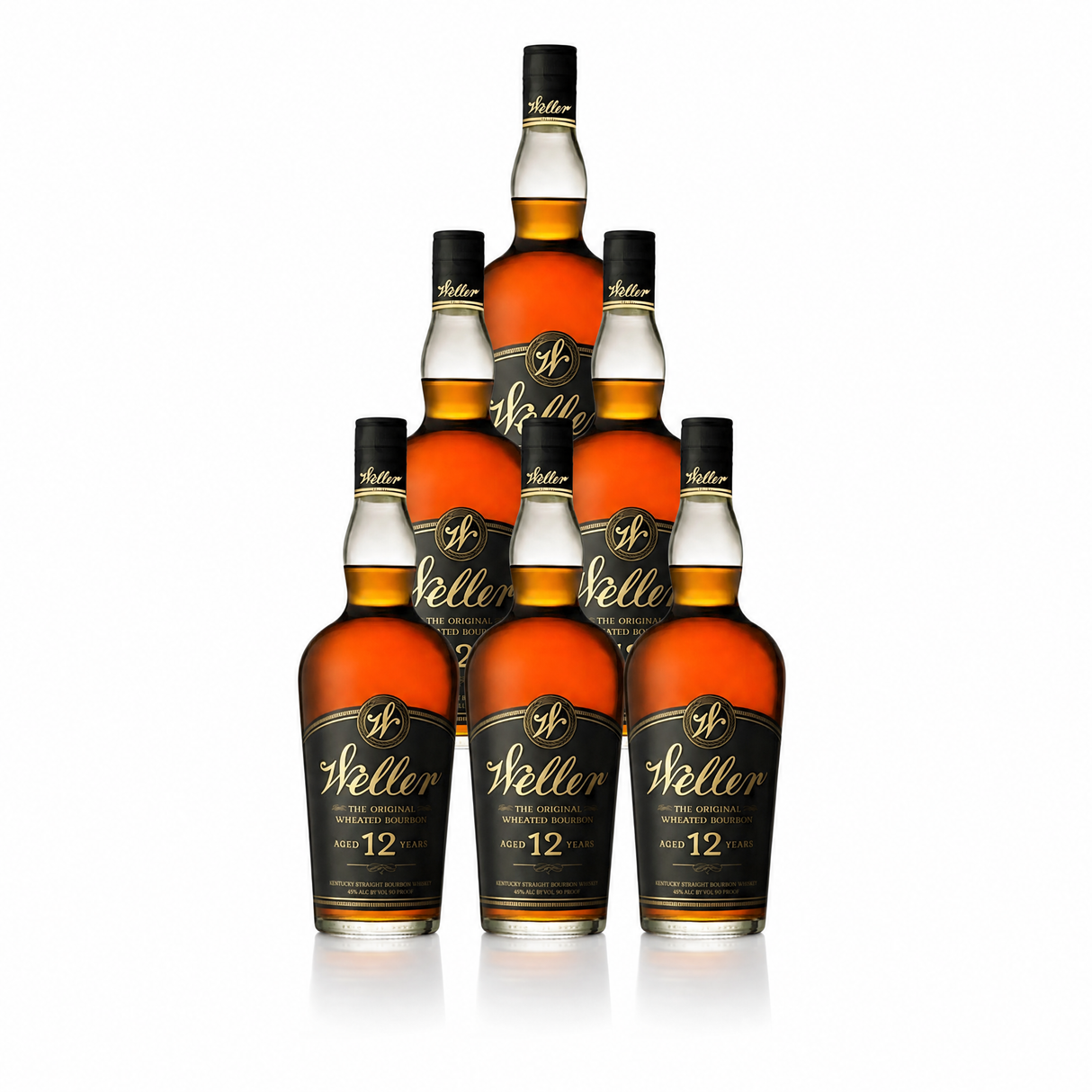 W.L. Weller 12 Year wheated bourbon — six-bottle case, black-and-gold labels, deep bronze 90-proof Kentucky straight bourbon