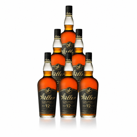 W.L. Weller 12 Year wheated bourbon — six-bottle case, black-and-gold labels, deep bronze 90-proof Kentucky straight bourbon