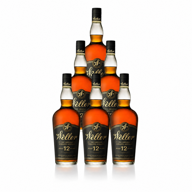 W.L. Weller 12 Year wheated bourbon — six-bottle case, black-and-gold labels, deep bronze 90-proof Kentucky straight bourbon