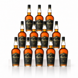 W.L. Weller 12 Year wheated bourbon — twelve-bottle case, black-and-gold labels, deep bronze 90-proof Kentucky straight bourbon
