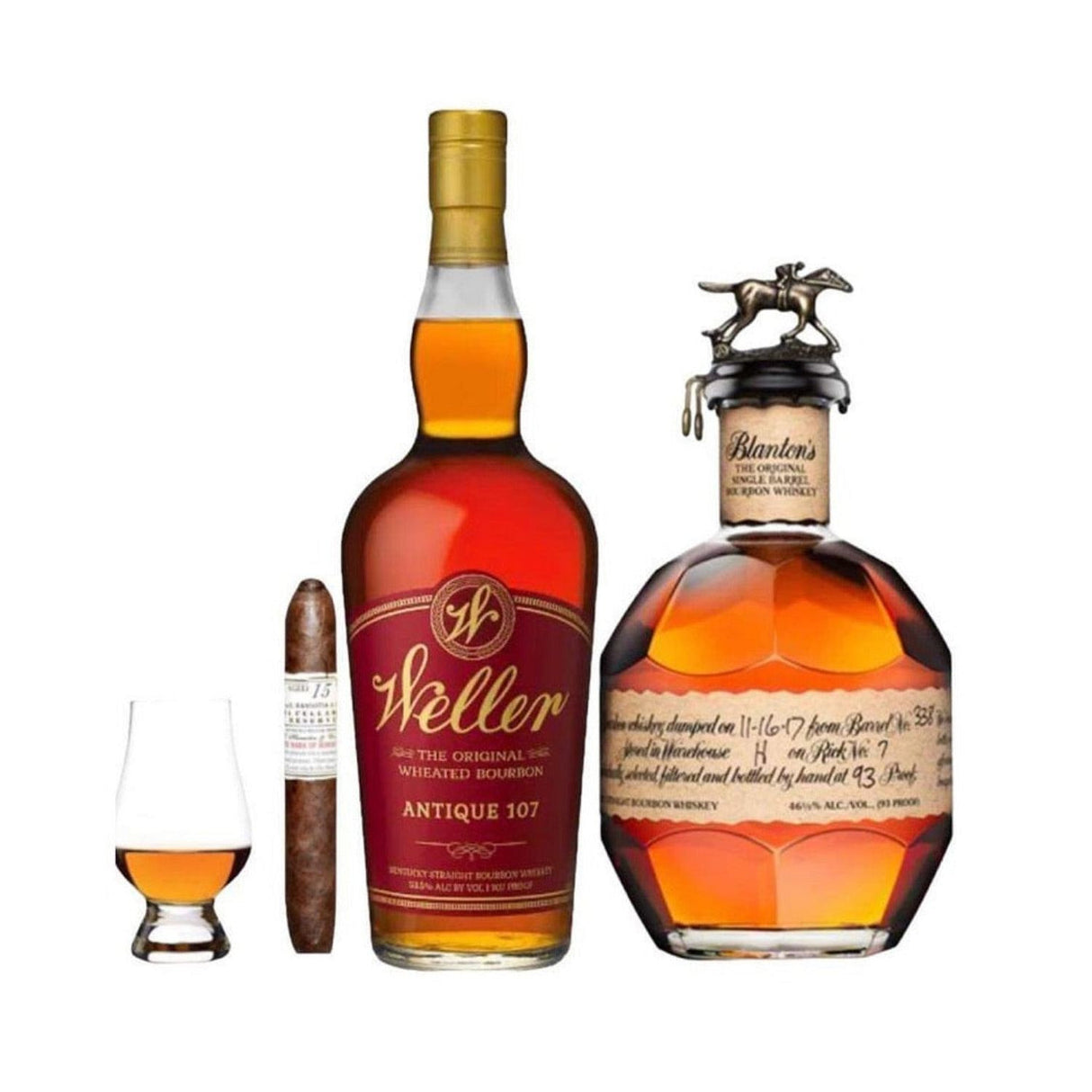 Blanton's and Weller Antique 107 Bourbon Combo Gift Set with Gurkha Cigar and Glencairn Glass