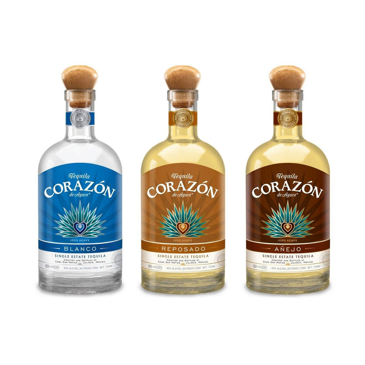 Corazón de Agave Tequila Bundle – Blanco, Reposado & Añejo (3 Bottles, Single Estate 750ml)