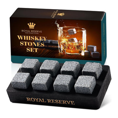 Whiskey Stones Gift Set – 8 Granite Chilling Rocks with Wooden Tray