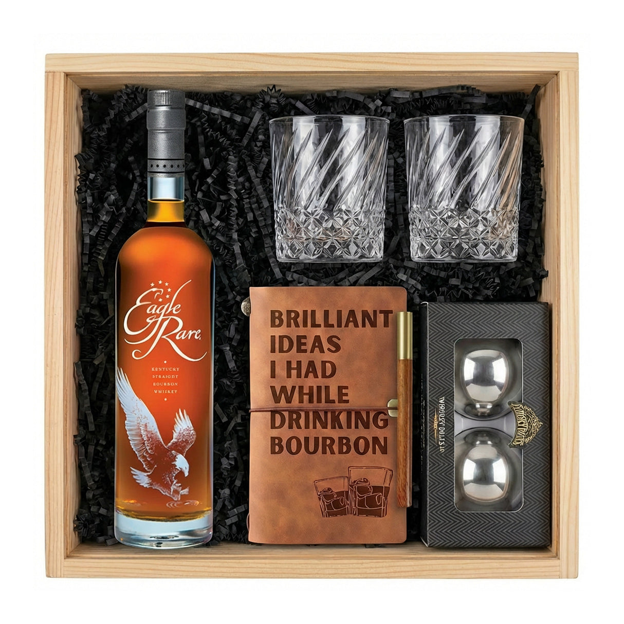Eagle Rare Gift Crate – Bourbon, Old-Fashioned Glasses, Whiskey Balls & Leather Journal