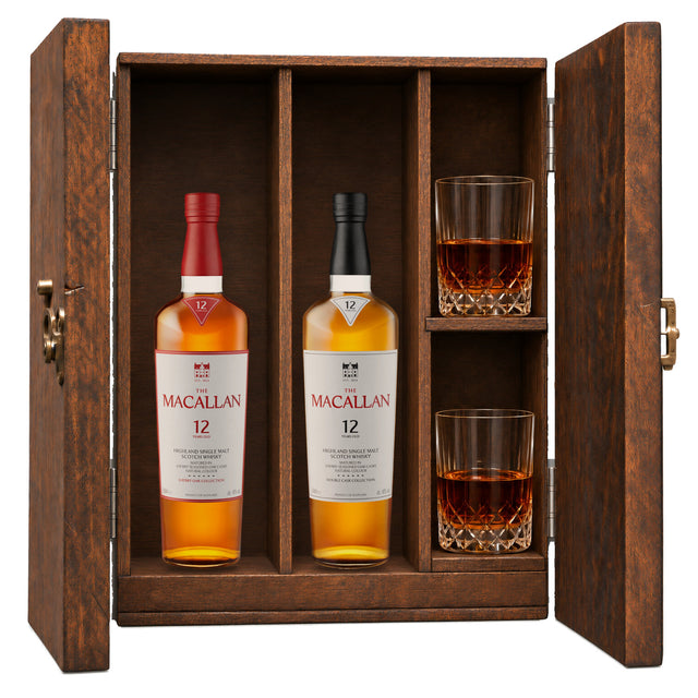 The Macallan 12 Year Sherry Oak & The Macallan 12 Year Double Cask wooden gift box with 2 glasses