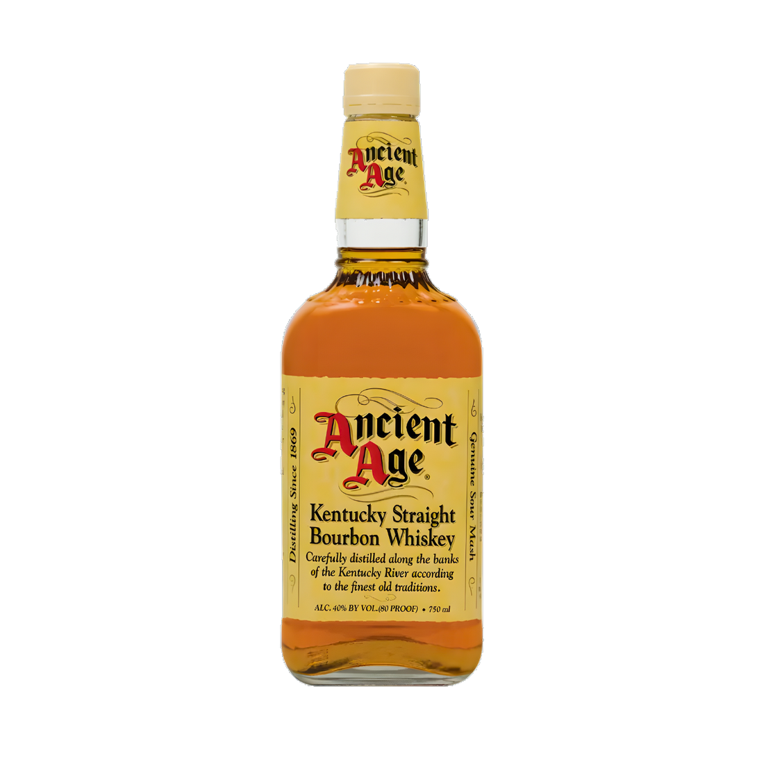 Ancient Age Kentucky Straight Bourbon Whiskey 750ml bourbon bottle with golden amber glass, cream screw cap and neck label, and cream label with red and black lettering against a clean white background