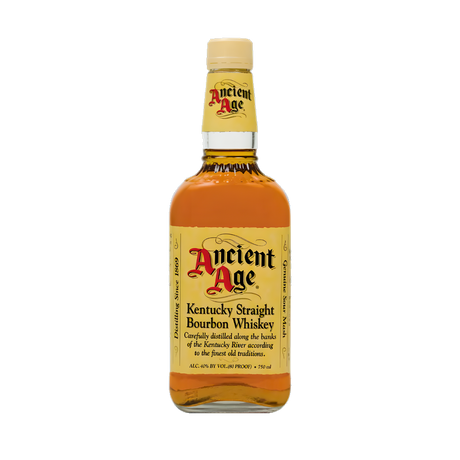 Ancient Age Kentucky Straight Bourbon Whiskey 750ml bourbon bottle with golden amber glass, cream screw cap and neck label, and cream label with red and black lettering against a clean white background