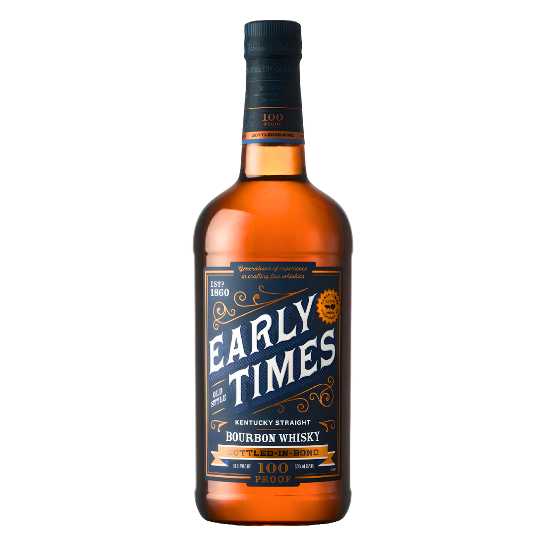 Early Times Bottled-in-Bond Kentucky Straight Bourbon Whisky 750ml bourbon bottle with rich amber glass, black screw cap with orange band, and navy blue label with bold white lettering and orange accents against a clean white background
