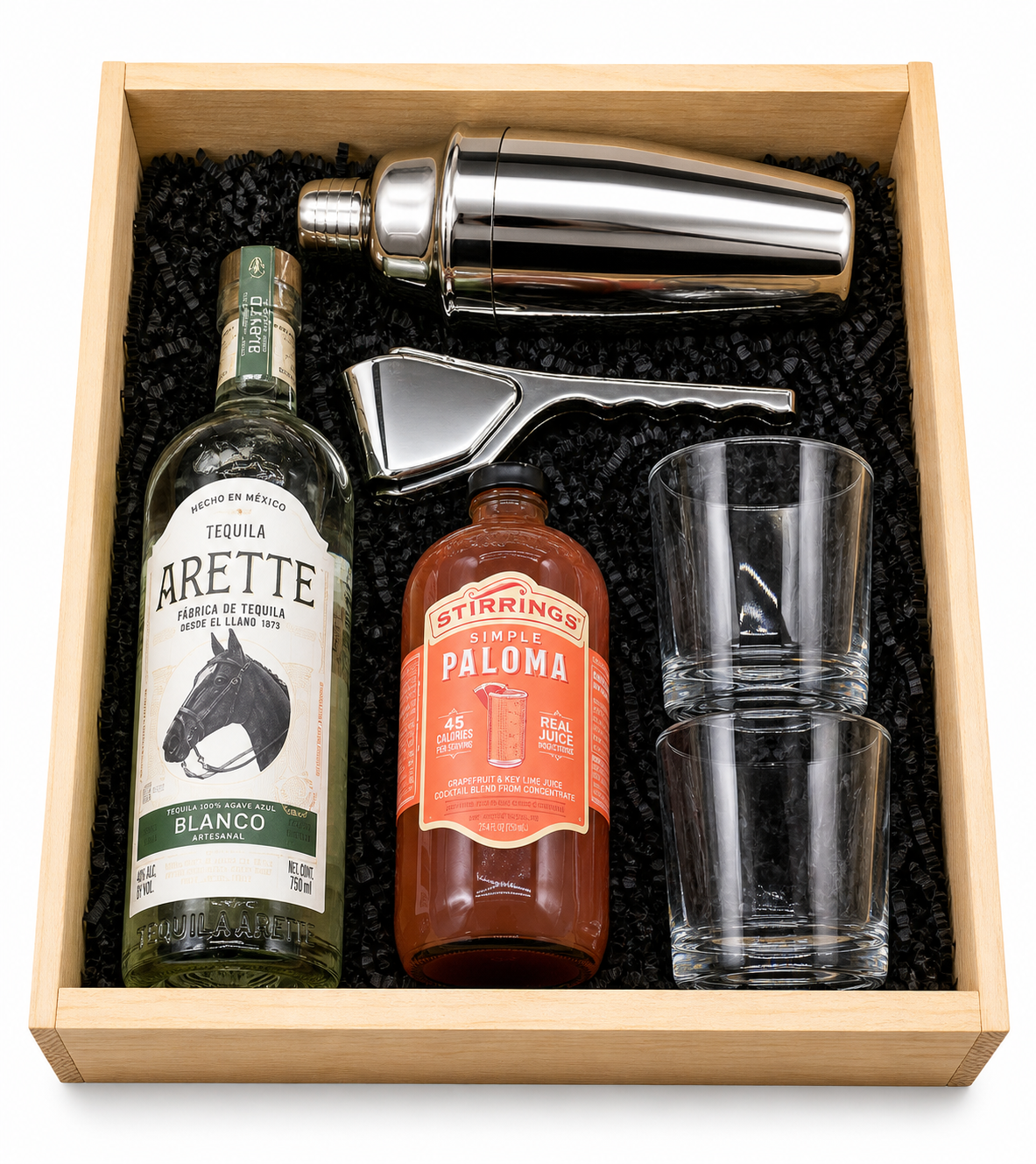 Arette Blanco Tequila Paloma gift set with Stirrings mix glasses shaker squeezer and wooden crate