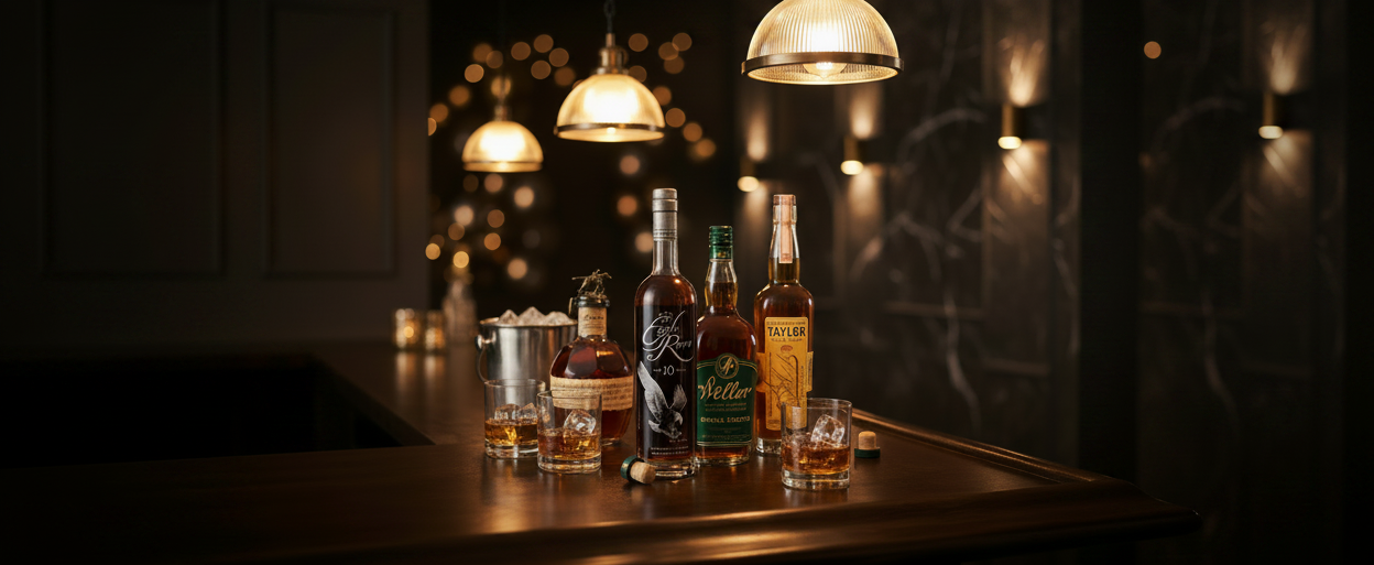 Bar scene with whiskey bottles and a bartender pouring a drink, blurred lights in the background