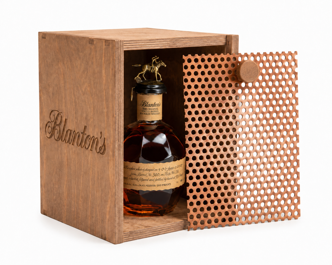 Blanton’s Original Single Barrel Bourbon wood gift case with decorative sliding display front