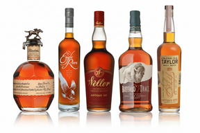 Value bourbon bundle with Blanton's, Eagle Rare, Weller Antique 107, Buffalo Trace, and E.H. Taylor Small Batch on black background