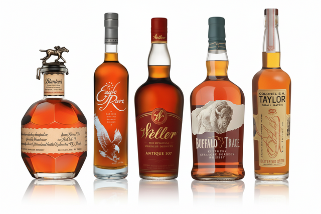 Value bourbon bundle with Blanton's, Eagle Rare, Weller Antique 107, Buffalo Trace, and E.H. Taylor Small Batch on black background