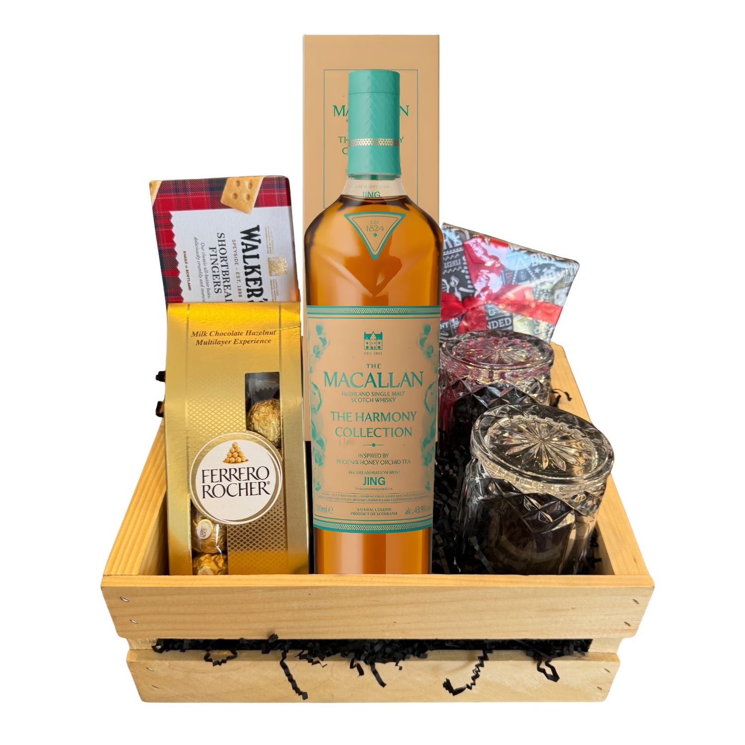 The Macallan Harmony Collection “Phoenix Honey Orchid Tea” Gift Crate – Scotch Whisky, Glasses, Chocolate &amp; Whiskey Stones