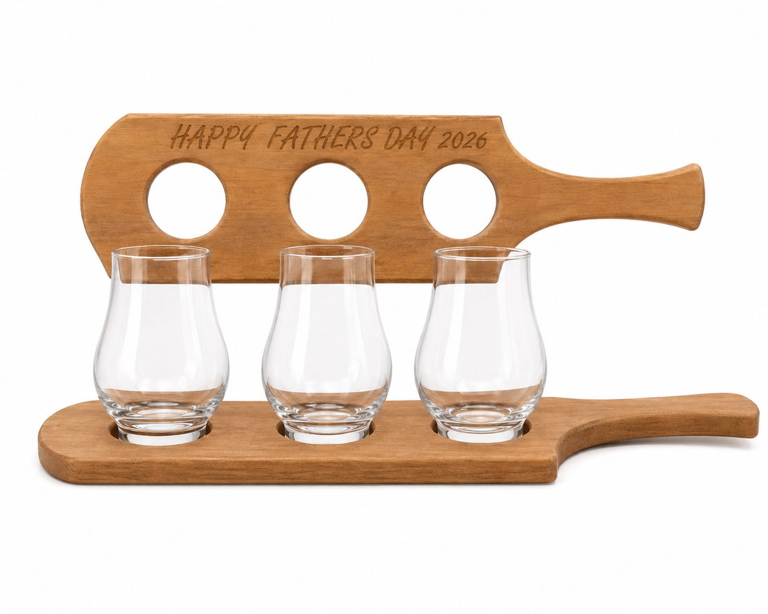 Custom whiskey flight paddle gift set with three glasses and wooden base