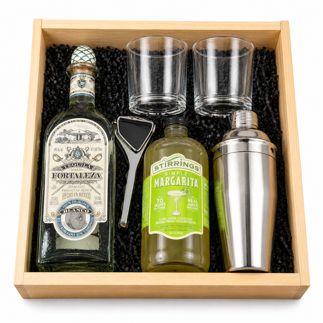 Fortaleza Blanco Tequila Margarita gift set with Stirrings mix glasses shaker squeezer and wooden crate