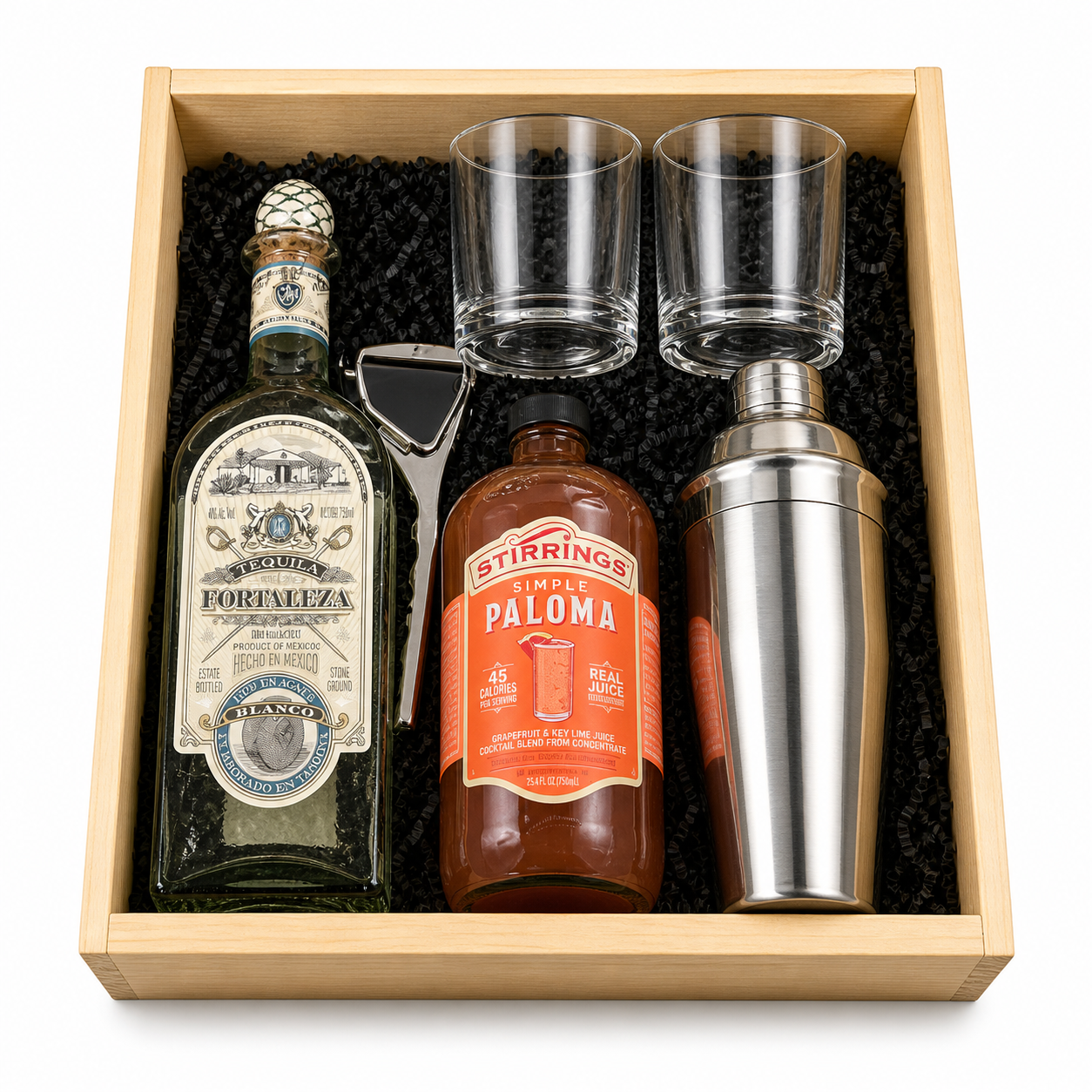 Fortaleza Blanco Tequila Paloma gift set with Stirrings mix glasses shaker squeezer and wooden crate