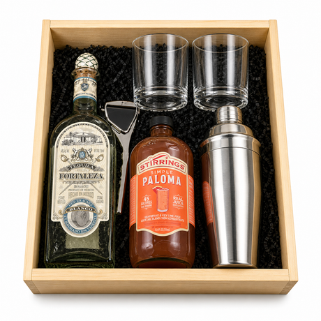 Fortaleza Blanco Tequila Paloma gift set with Stirrings mix glasses shaker squeezer and wooden crate