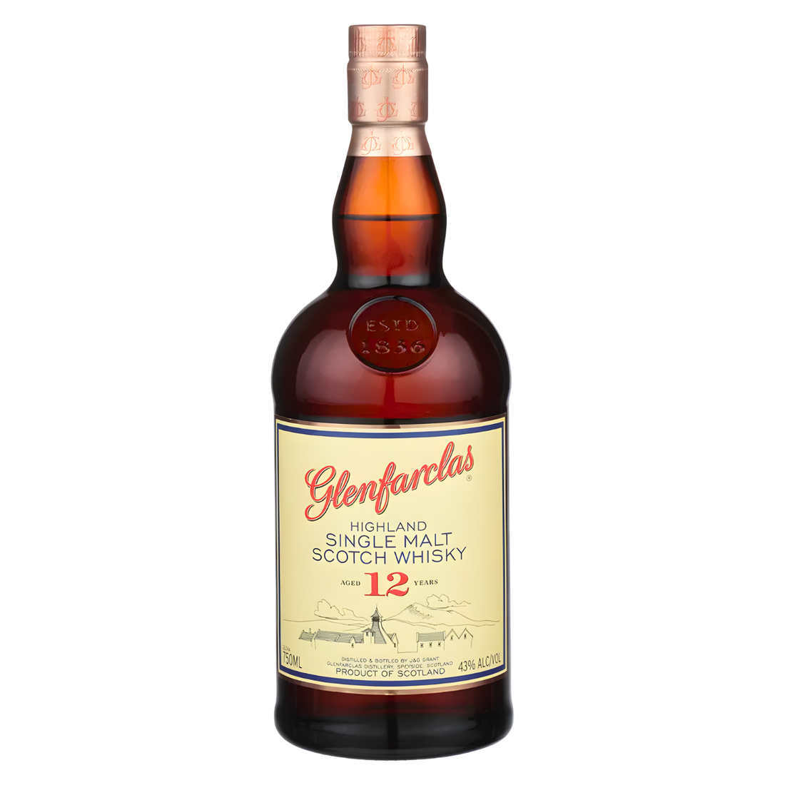 Glenfarclas 12 Year Highland Single Malt Scotch Whisky 750ml whisky bottle with deep amber glass, copper foil-wrapped cap, and cream label with red script lettering and detailed distillery illustration against a clean white background