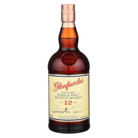 Glenfarclas 12 Year Highland Single Malt Scotch Whisky 750ml whisky bottle with deep amber glass, copper foil-wrapped cap, and cream label with red script lettering and detailed distillery illustration against a clean white background