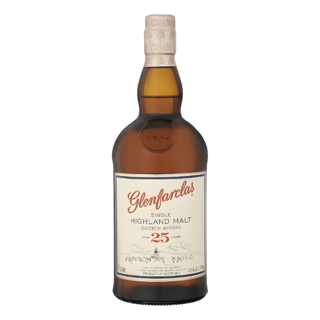 Glenfarclas 25 Year Highland Single Malt Scotch Whisky 750ml whisky bottle with deep amber glass, cream foil-wrapped cap with embossed detailing, and cream label with red script lettering and fine line distillery illustration against a clean white background
