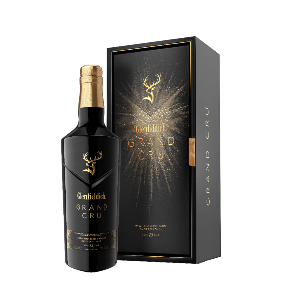 Glenfiddich Grand Cru 23 Year Old Scotch whisky bottle with gift box on black background